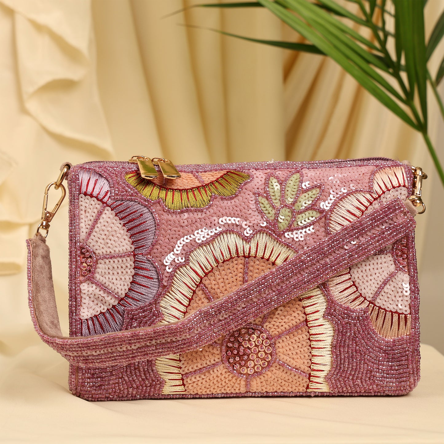 Women Floral Embroidered Handbag with Sequin and Thread Detailing