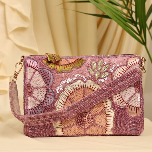 Women Floral Embroidered Handbag with Sequin and Thread Detailing