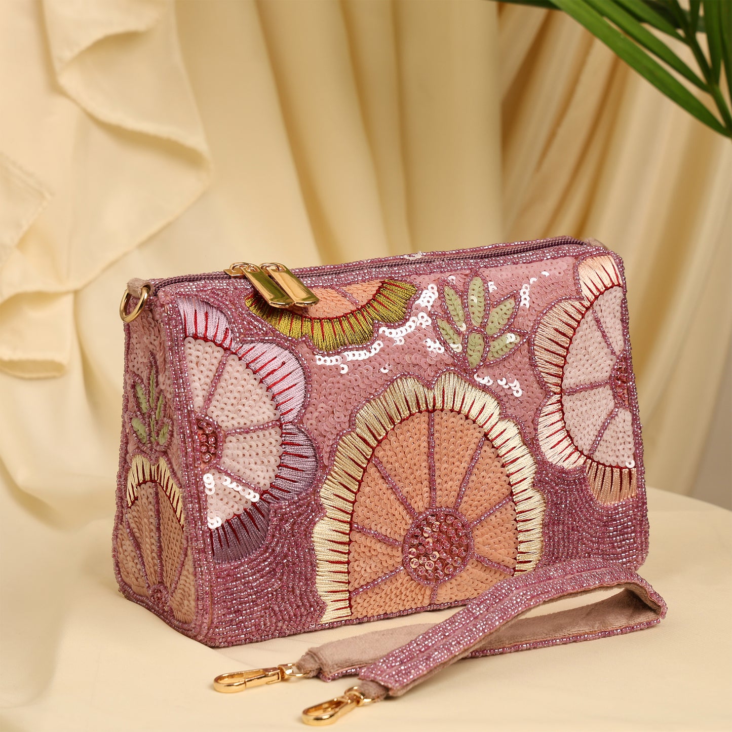 Women Floral Embroidered Handbag with Sequin and Thread Detailing