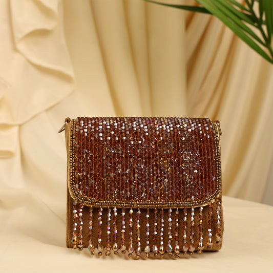 Women Embellished Mini Flap Sling Bag with Beaded Fringe Detail