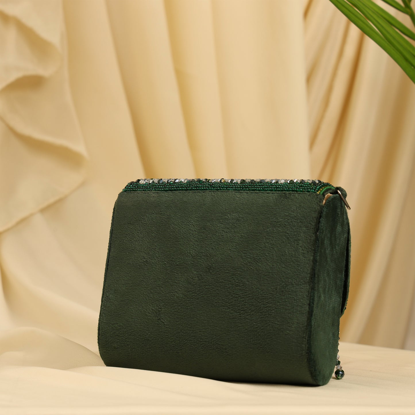 Women Emerald Beaded Mini Flap Bag with Crystal Fringe