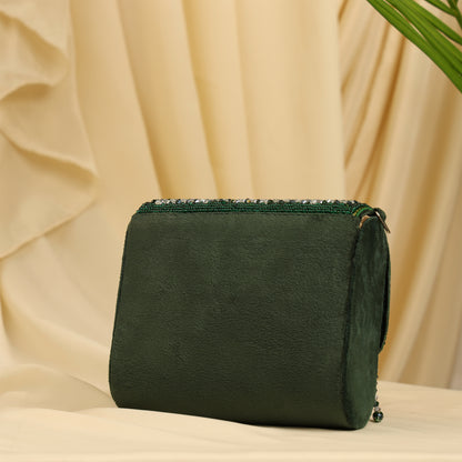 Women Emerald Beaded Mini Flap Bag with Crystal Fringe