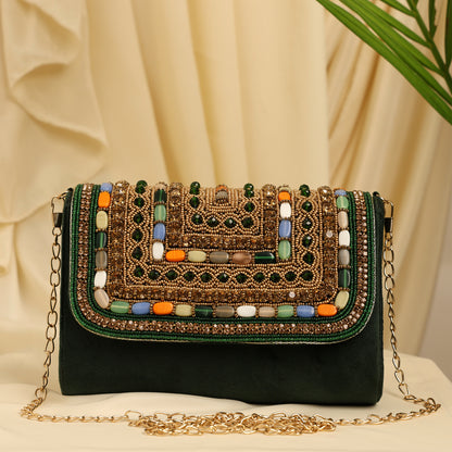 Women Embellished Mini Flap Bag with Bead and Stone Detailing