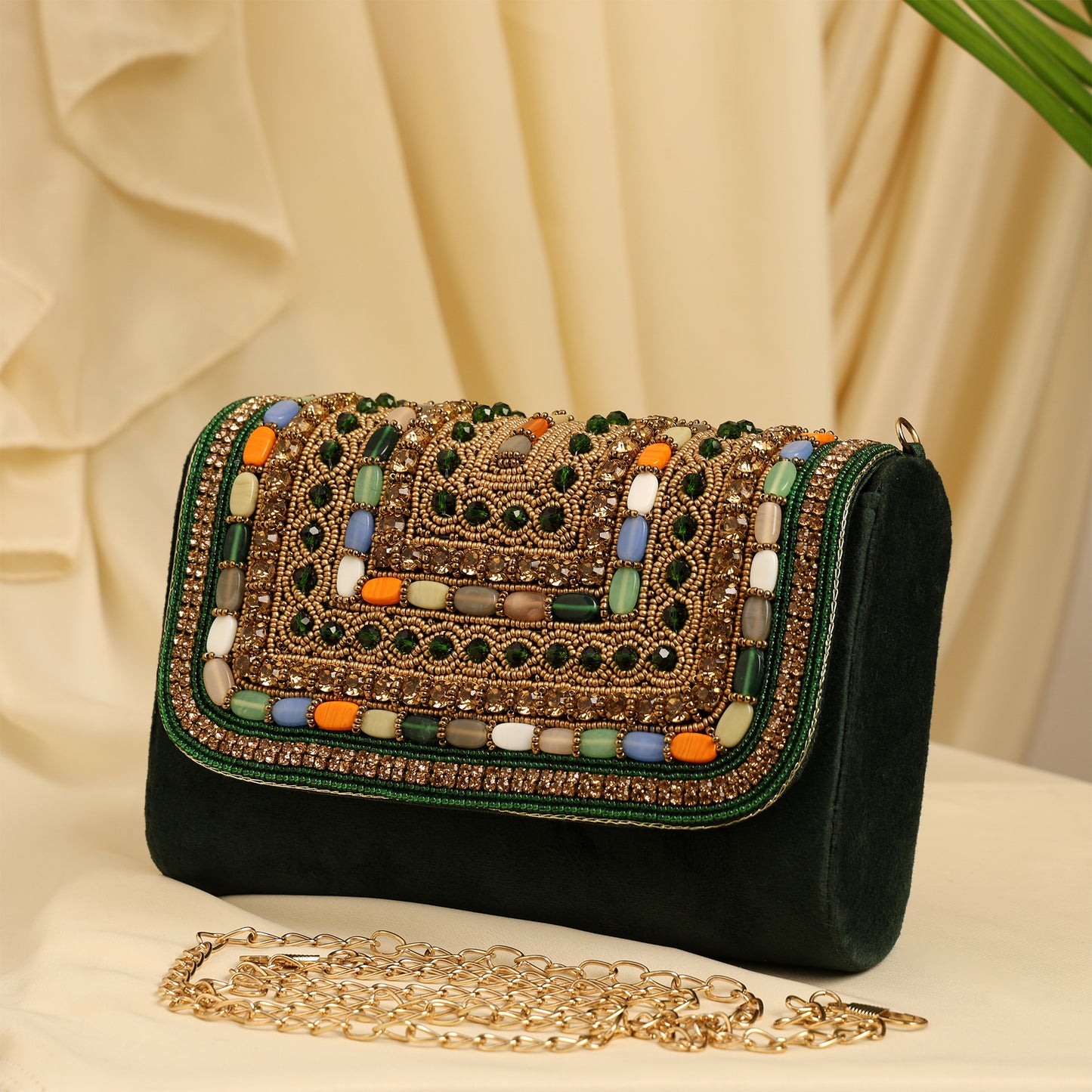 Women Embellished Mini Flap Bag with Bead and Stone Detailing
