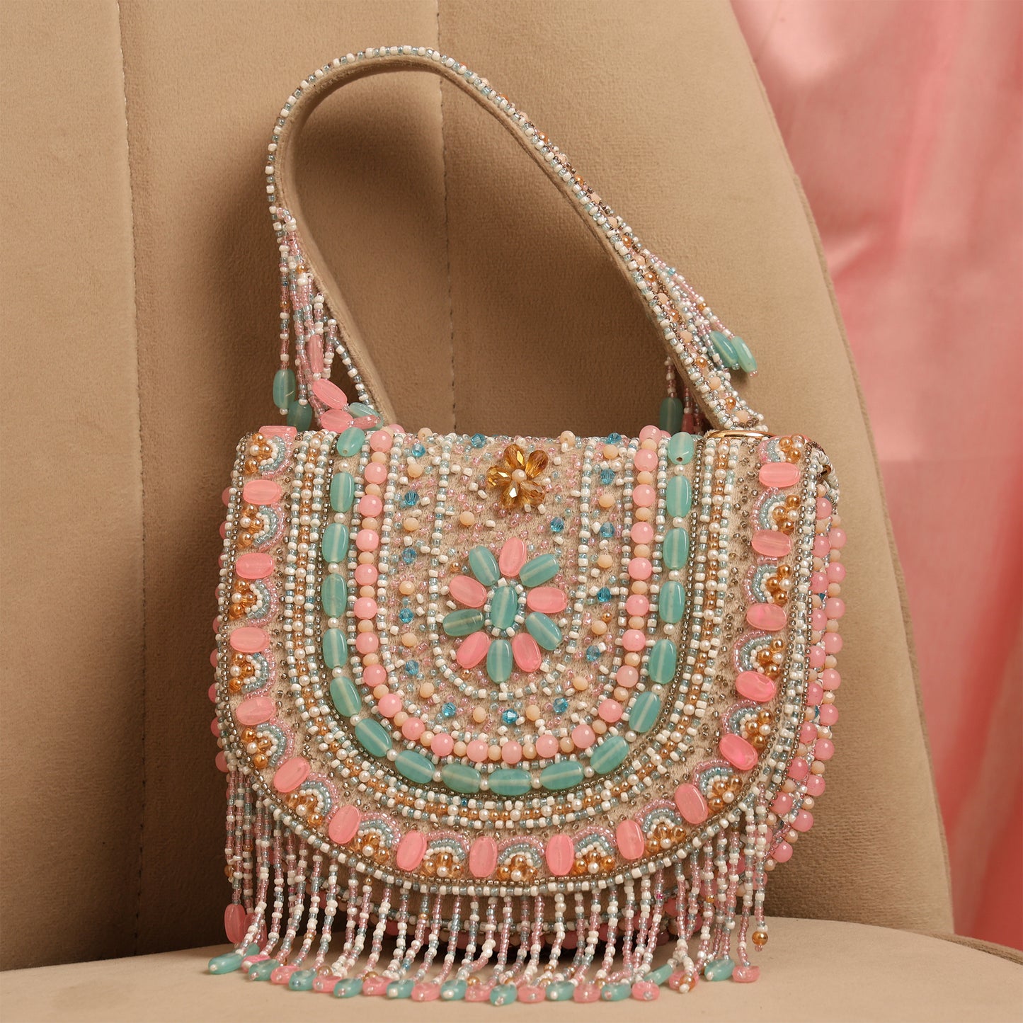 Women Colorful Beaded Flap Bag with Fringe Detail and Chain Strap