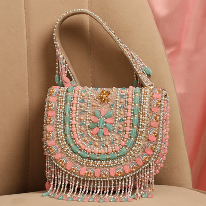 Women Colorful Beaded Flap Bag with Fringe Detail and Chain Strap