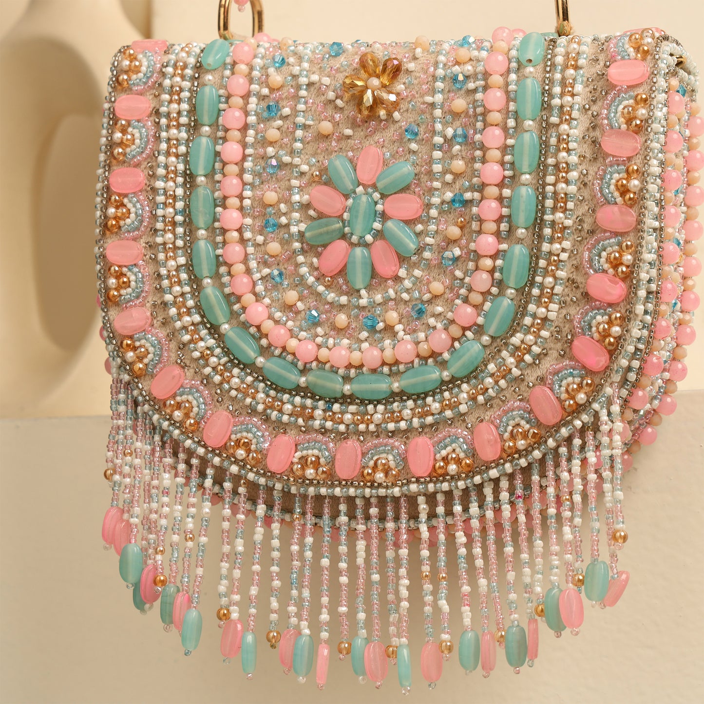Women Colorful Beaded Flap Bag with Fringe Detail and Chain Strap