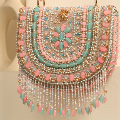 Women Colorful Beaded Flap Bag with Fringe Detail and Chain Strap