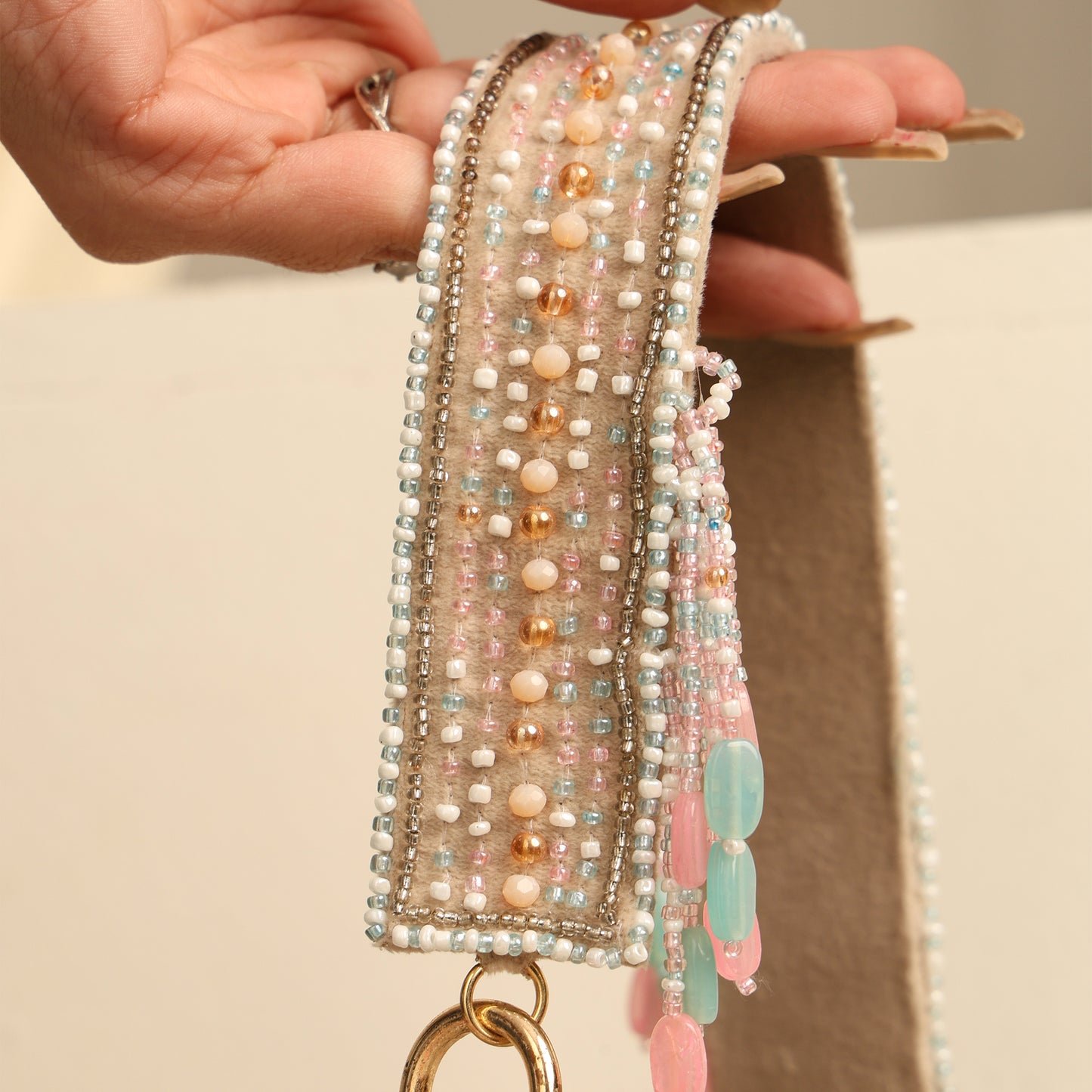 Women Colorful Beaded Flap Bag with Fringe Detail and Chain Strap