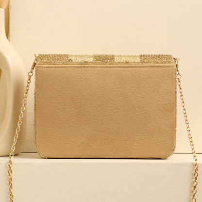 Women Gold Sequin Flap Bag with Chain Strap and Magnetic Closure