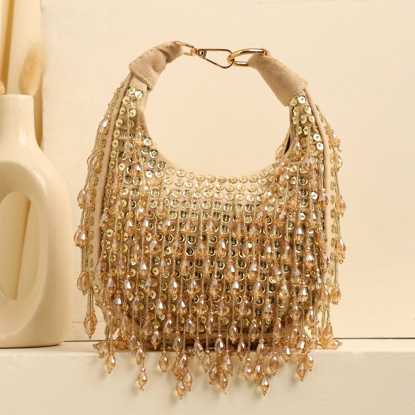 Women Embellished Hobo Bag with Bead and Sequin Fringe Detail