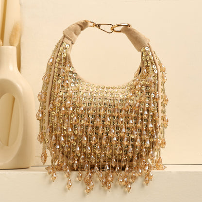 Women Embellished Hobo Bag with Bead and Sequin Fringe Detail