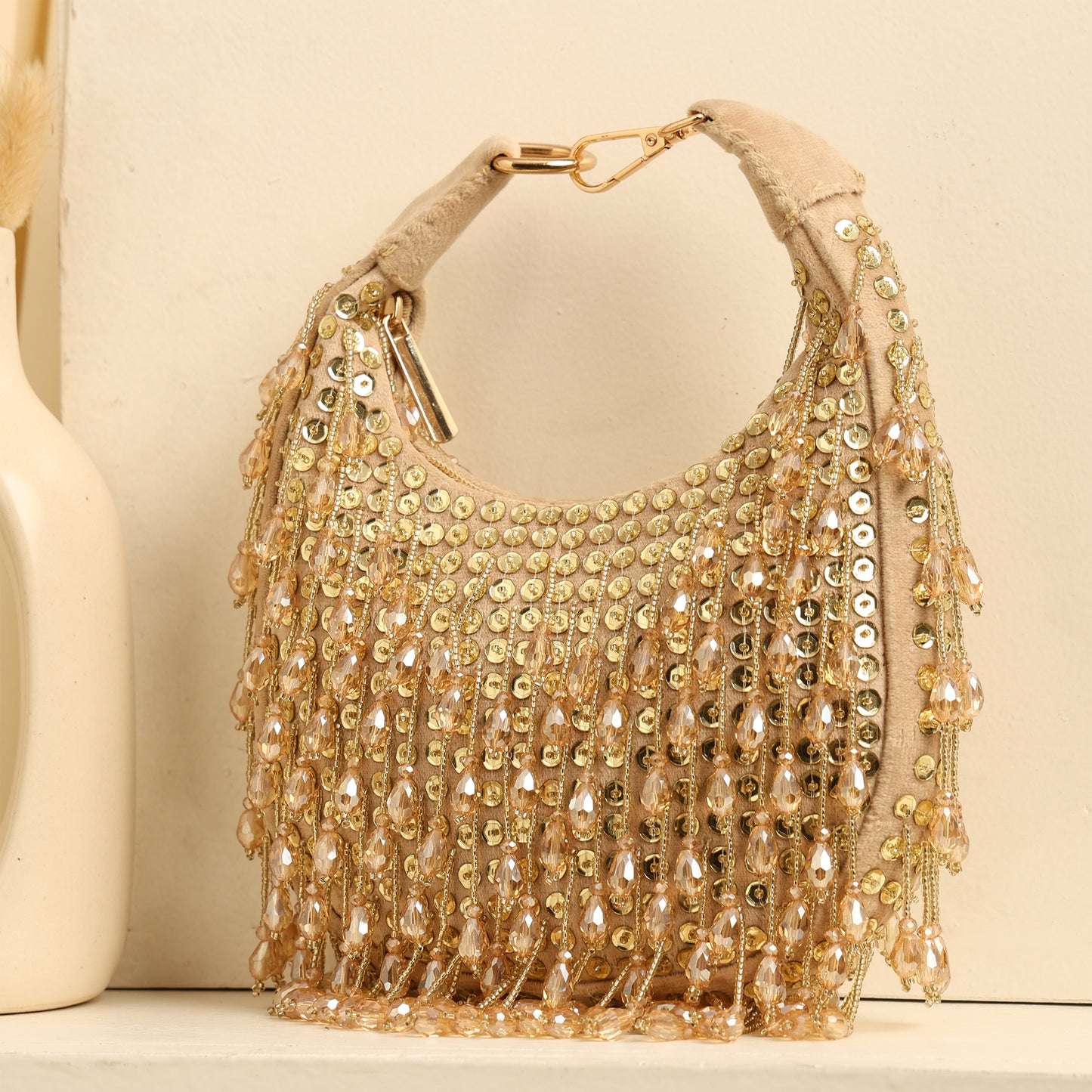 Women Embellished Hobo Bag with Bead and Sequin Fringe Detail