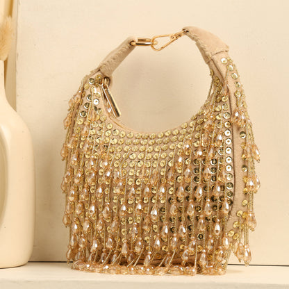 Women Embellished Hobo Bag with Bead and Sequin Fringe Detail