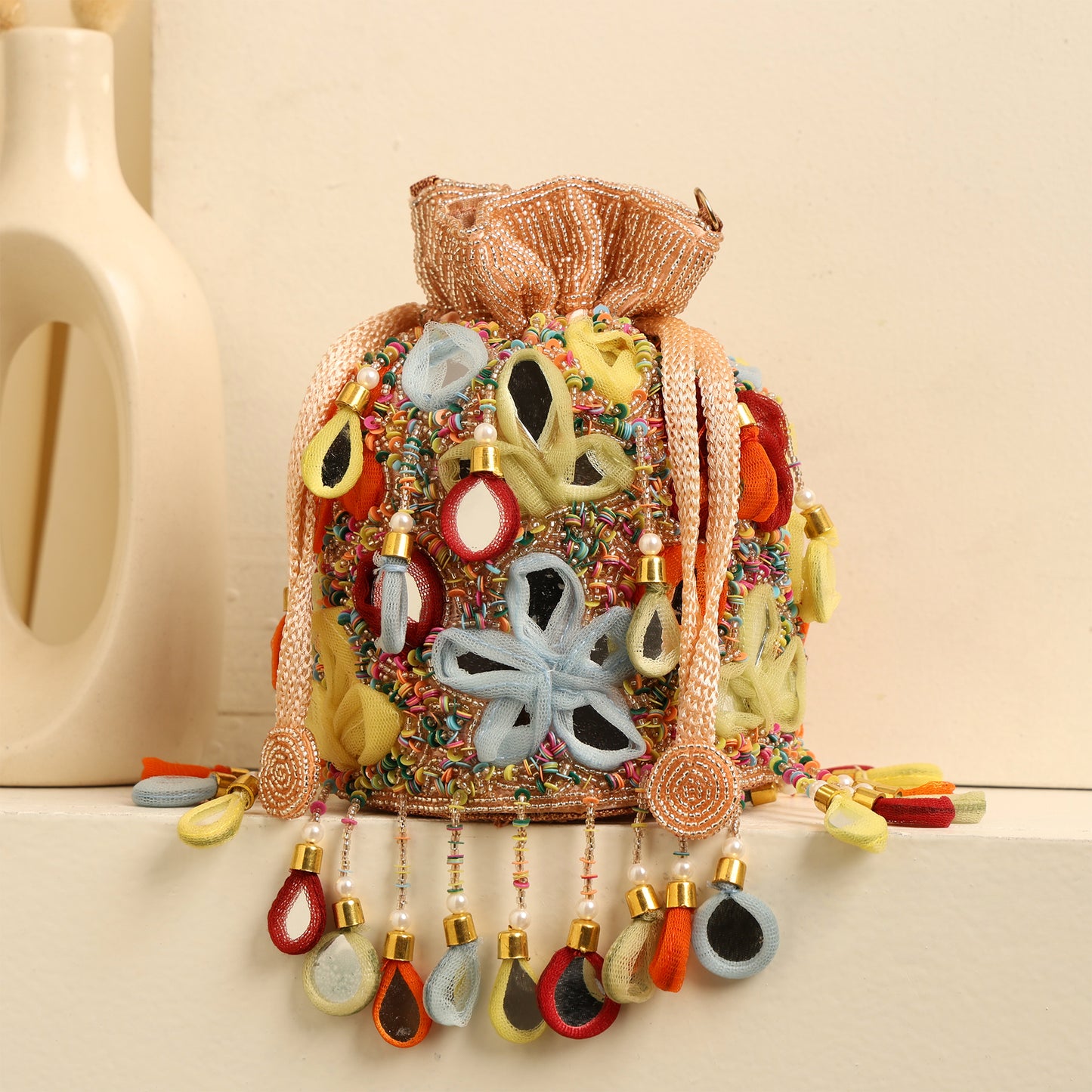 Women Handcrafted Colorful Beaded Potli Bag with Tassels