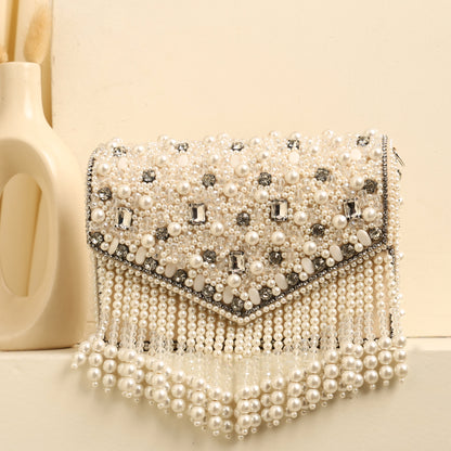 Women Pearl-Embellished Flap Handbag with Crystal Details and Fringed Tassels