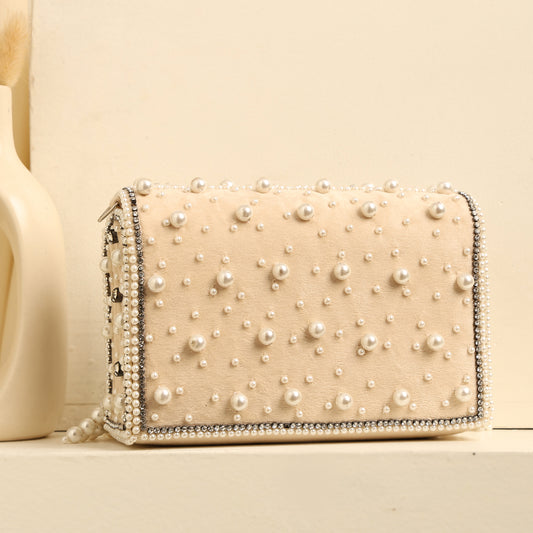 Women Pearl-Embellished Flap Handbag with Crystal Details and Fringed Tassels