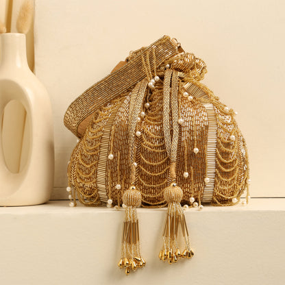 Women Golden Beaded Potli Bag with Pearl Tassels