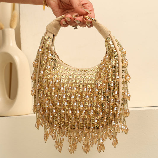 Women Embellished Hobo Bag with Bead and Sequin Fringe Detail