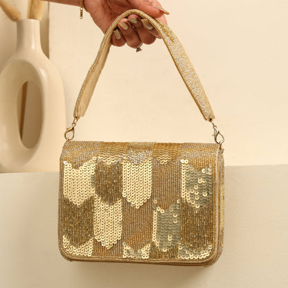Women Gold Sequin Flap Bag with Chain Strap and Magnetic Closure