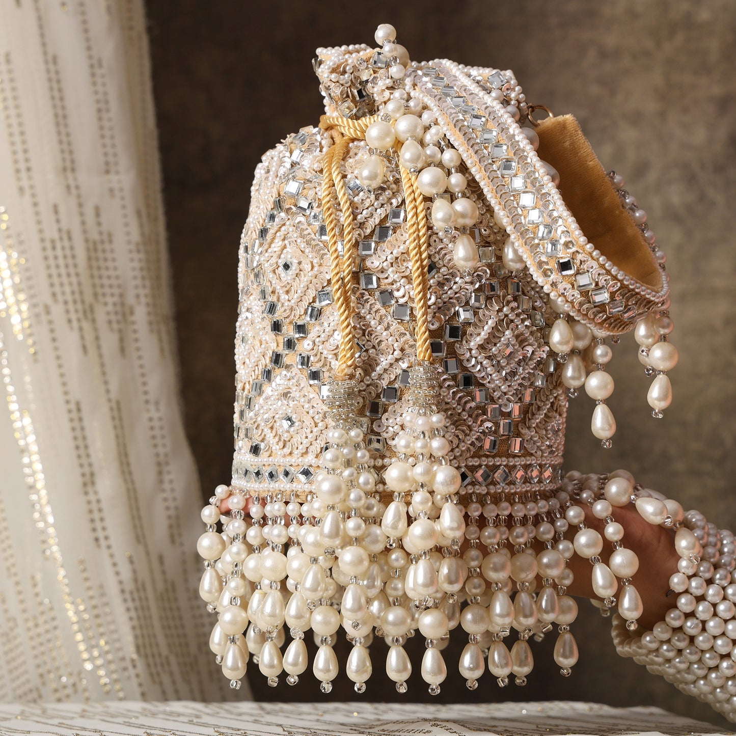 Royal Grace Potli Exquisite Hand-Embellished Potli Bag with Mirror and Pearl Detailing