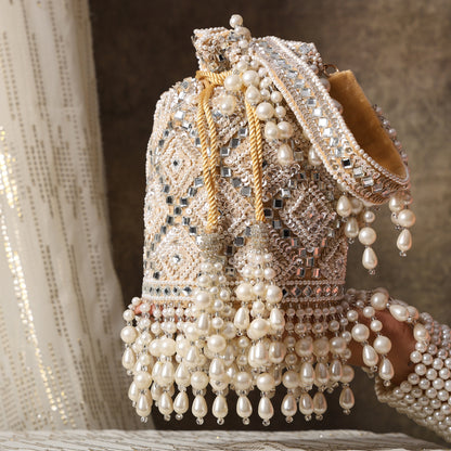 Royal Grace Potli Exquisite Hand-Embellished Potli Bag with Mirror and Pearl Detailing