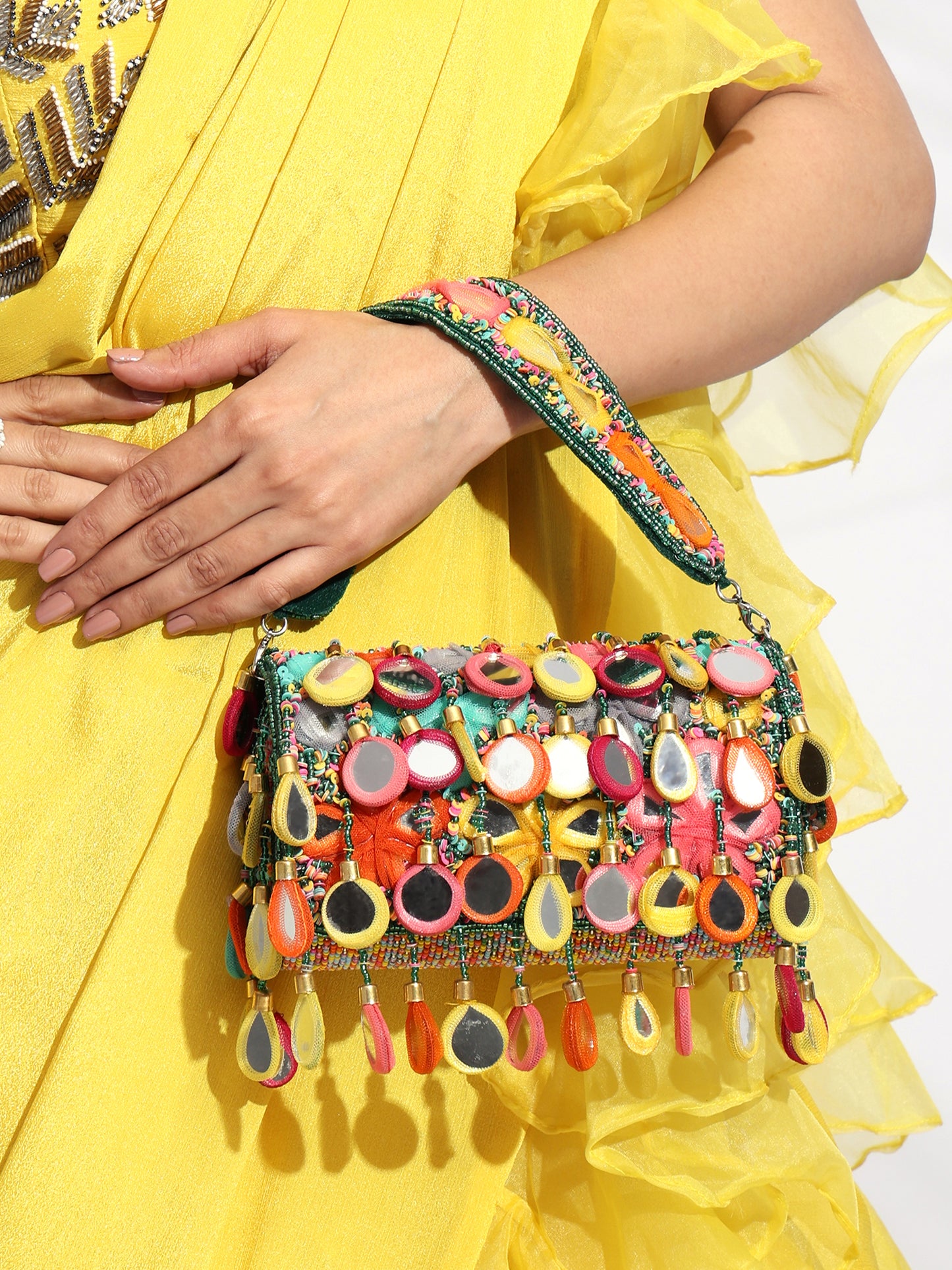 Banjara Beats – Multicolor Handcrafted Flap Bag | Boho-Chic Embellished Clutch with Fabric Drops & Beaded Handle