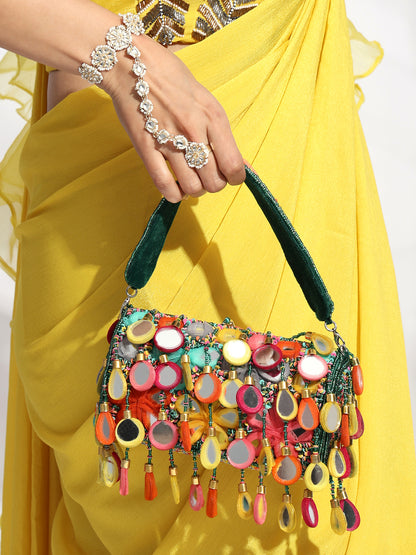 Banjara Beats – Multicolor Handcrafted Flap Bag | Boho-Chic Embellished Clutch with Fabric Drops & Beaded Handle
