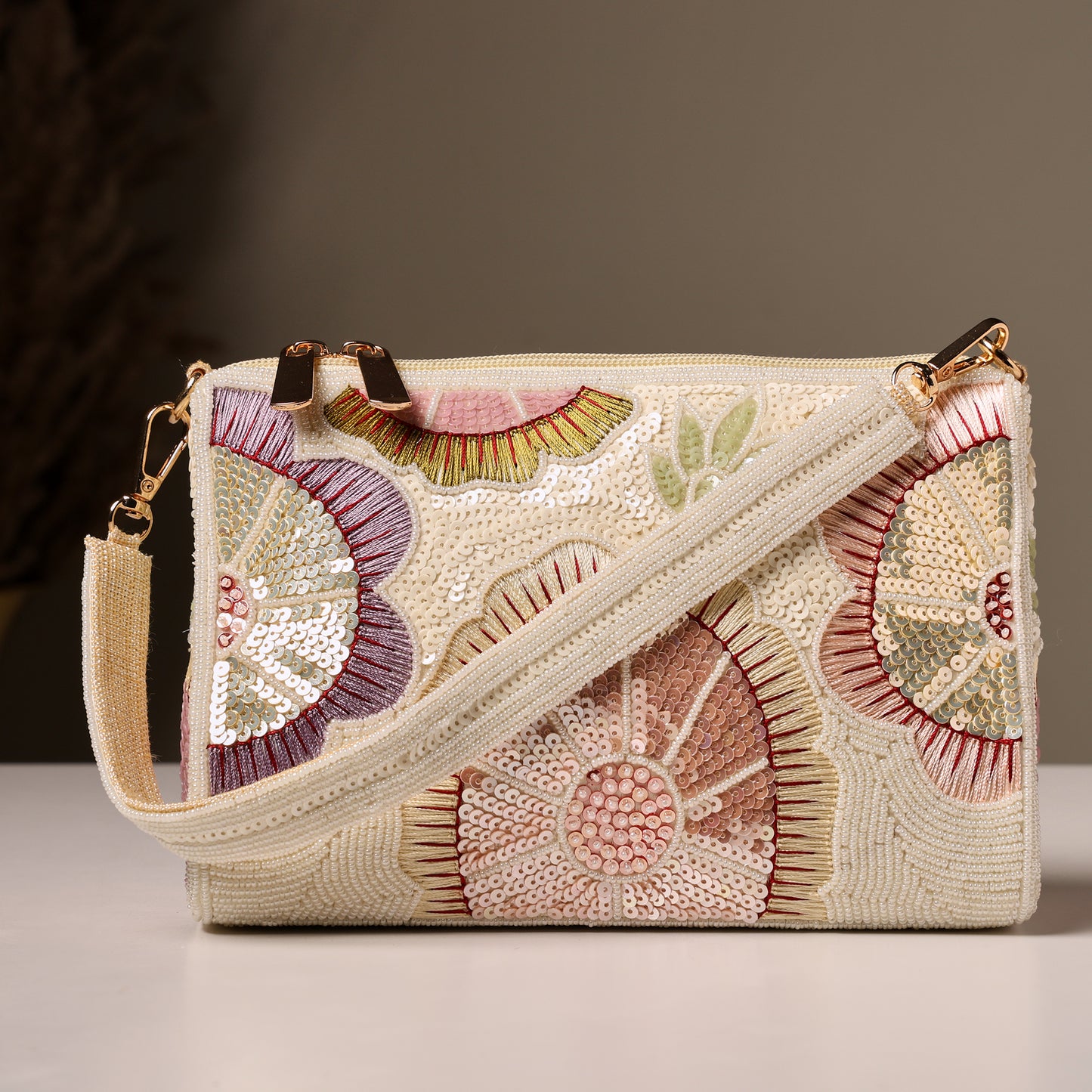 Women Floral Embroidered Handbag with Bead and Sequin Detailing