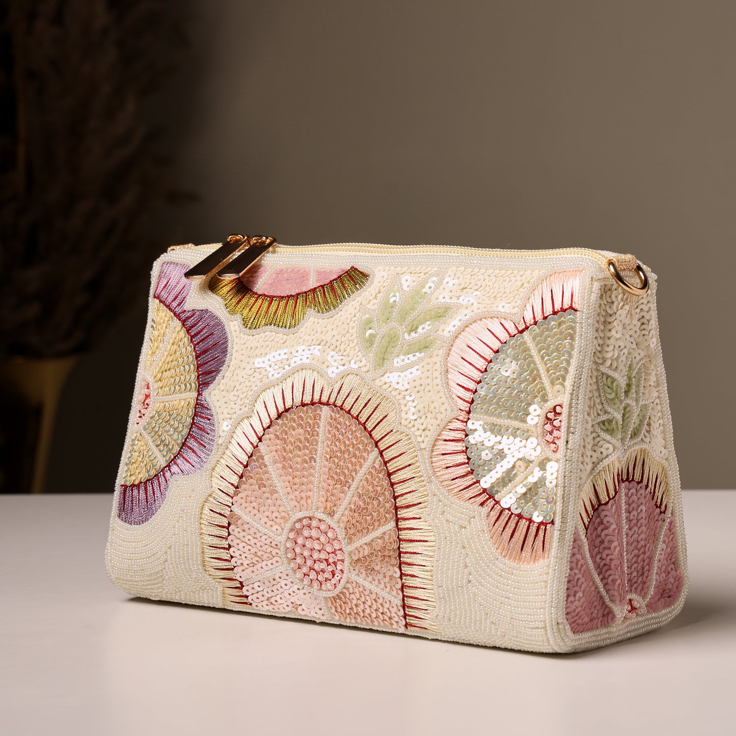 Women Floral Embroidered Handbag with Bead and Sequin Detailing