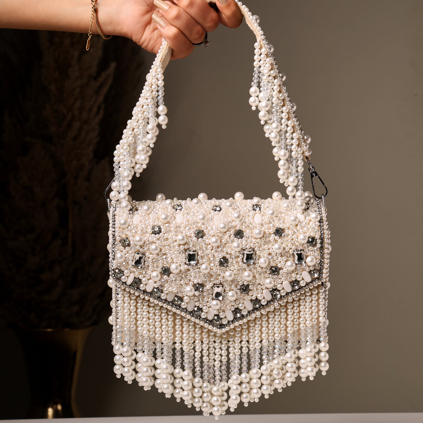 Women Pearl-Embellished Flap Handbag with Crystal Details and Fringed Tassels