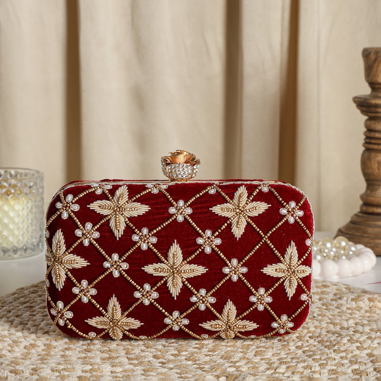 Royal Velvet Zari Embroidered Clutch with Floral Crystal Clasp