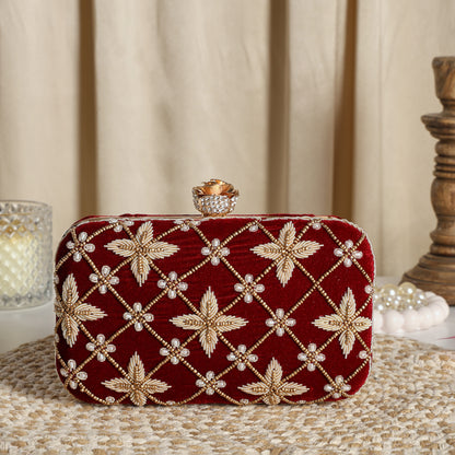 Royal Velvet Zari Embroidered Clutch with Floral Crystal Clasp