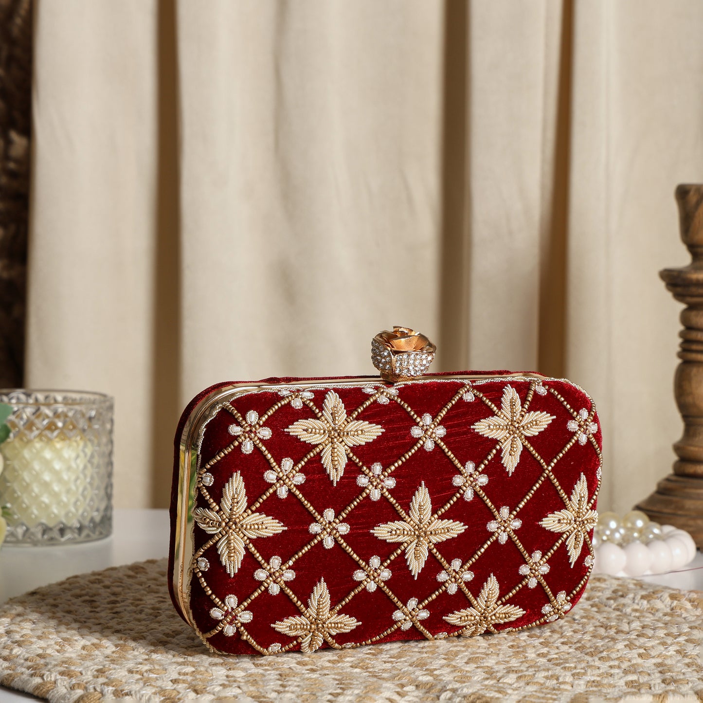 Royal Velvet Zari Embroidered Clutch with Floral Crystal Clasp