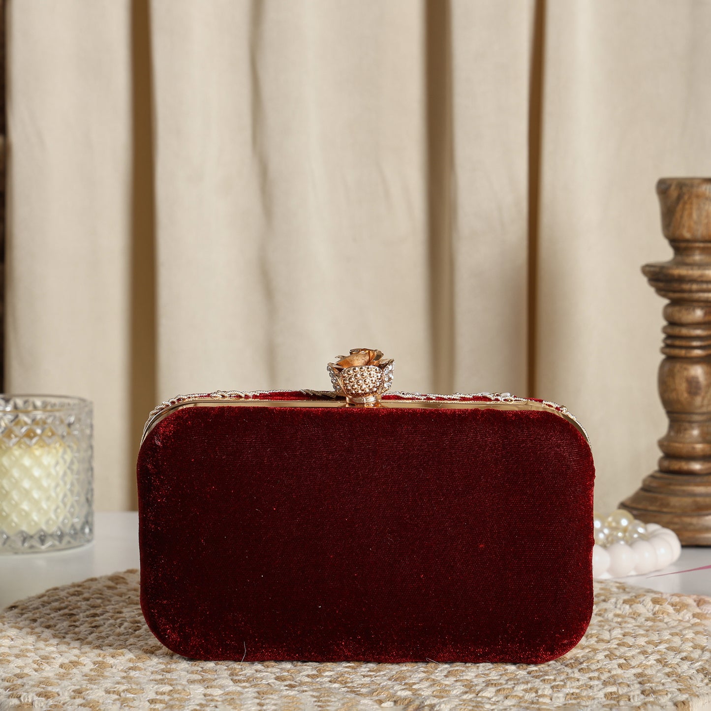 Royal Velvet Zari Embroidered Clutch with Floral Crystal Clasp