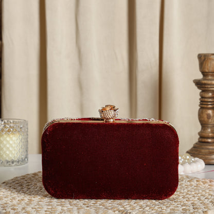 Royal Velvet Zari Embroidered Clutch with Floral Crystal Clasp