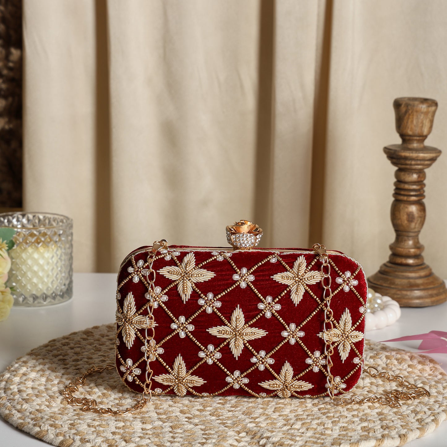 Royal Velvet Zari Embroidered Clutch with Floral Crystal Clasp