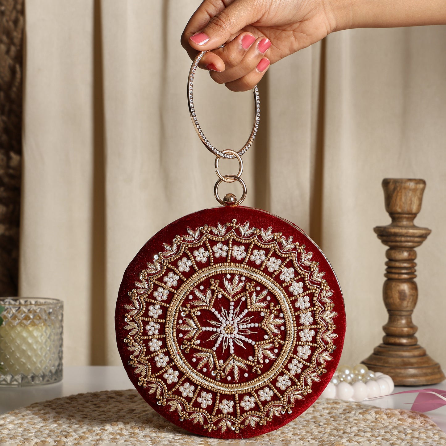Royal Red Embroidered Potli Clutch with Pearl Handle – Bridal & Wedding Statement Bag