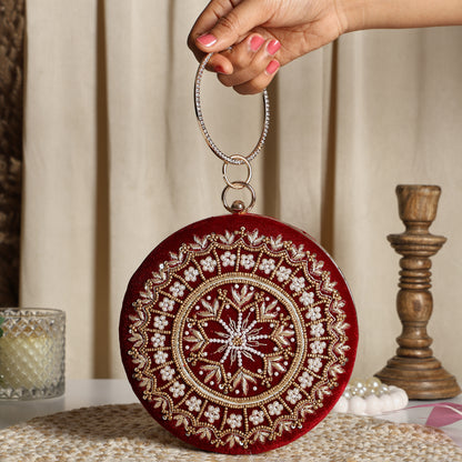 Royal Red Embroidered Potli Clutch with Pearl Handle – Bridal & Wedding Statement Bag