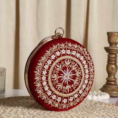 Royal Red Embroidered Potli Clutch with Pearl Handle – Bridal & Wedding Statement Bag