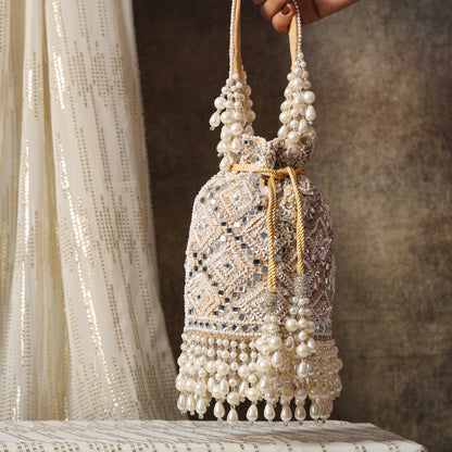 Royal Grace Potli Exquisite Hand-Embellished Potli Bag with Mirror and Pearl Detailing