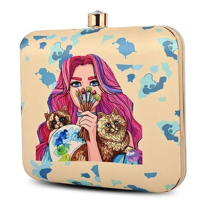 Purrfect Muse Quirky Printed Clutch Bag for Women - Convertible Detachable Sling Purse, Cute Party Handbag for Girls & Women