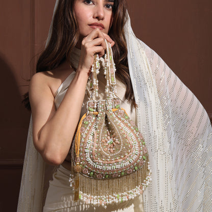 Noor-E-Pearl Potli Bag – Handcrafted Pastel Beaded Drawstring Clutch with Pearl Tassels | Wedding & Festive Purse for Women