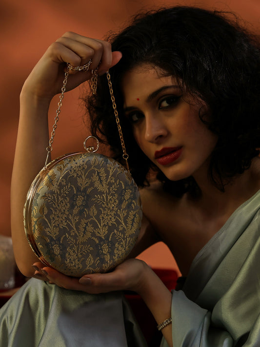 Heritage Luxe Round Floral Embroidered Clutch with Metallic Accents