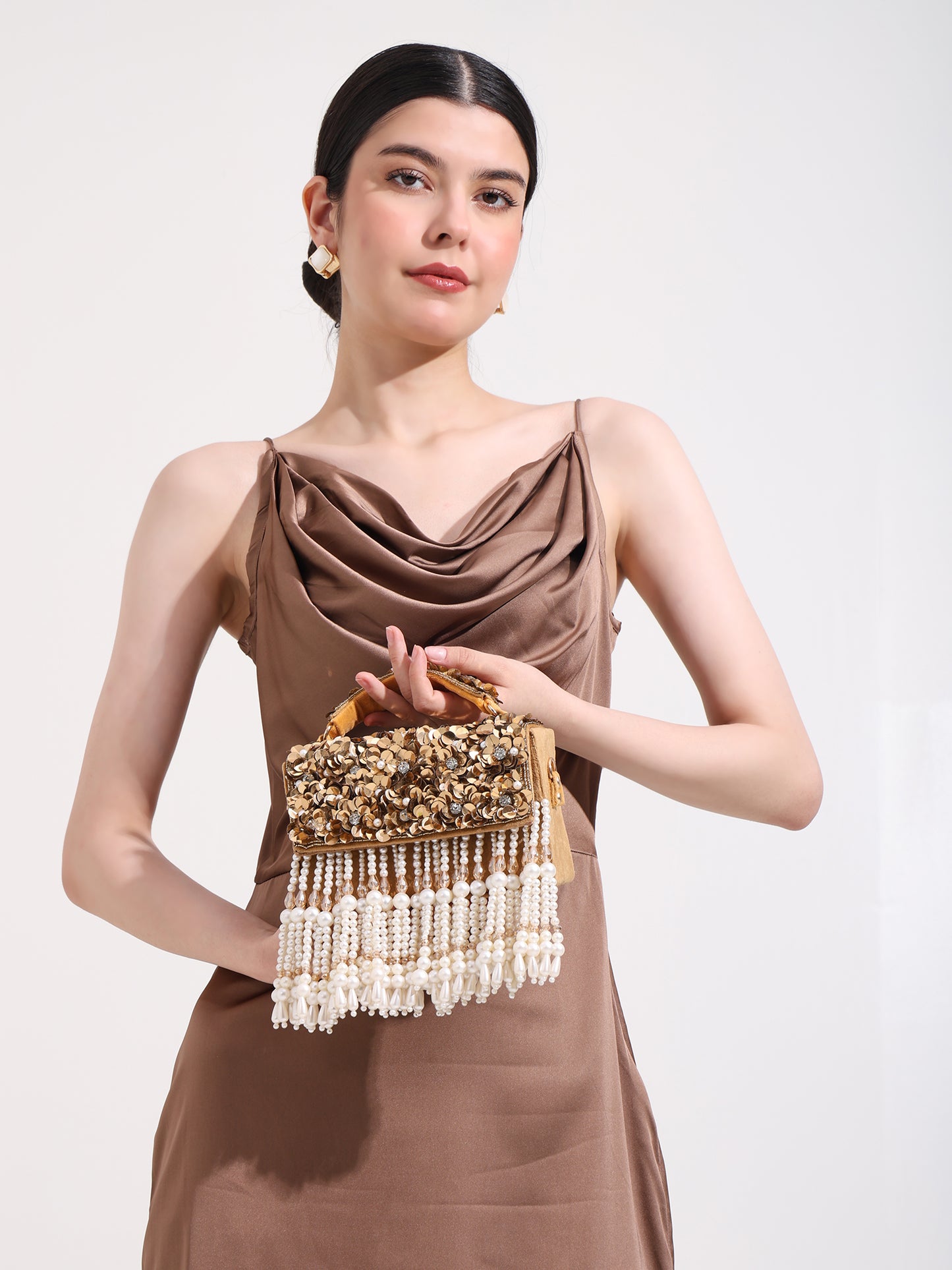 Phoolon Ki Rani Floral Flap Bag with Pearls & Gold Chain | Designer Bridal Flap Bag for Women