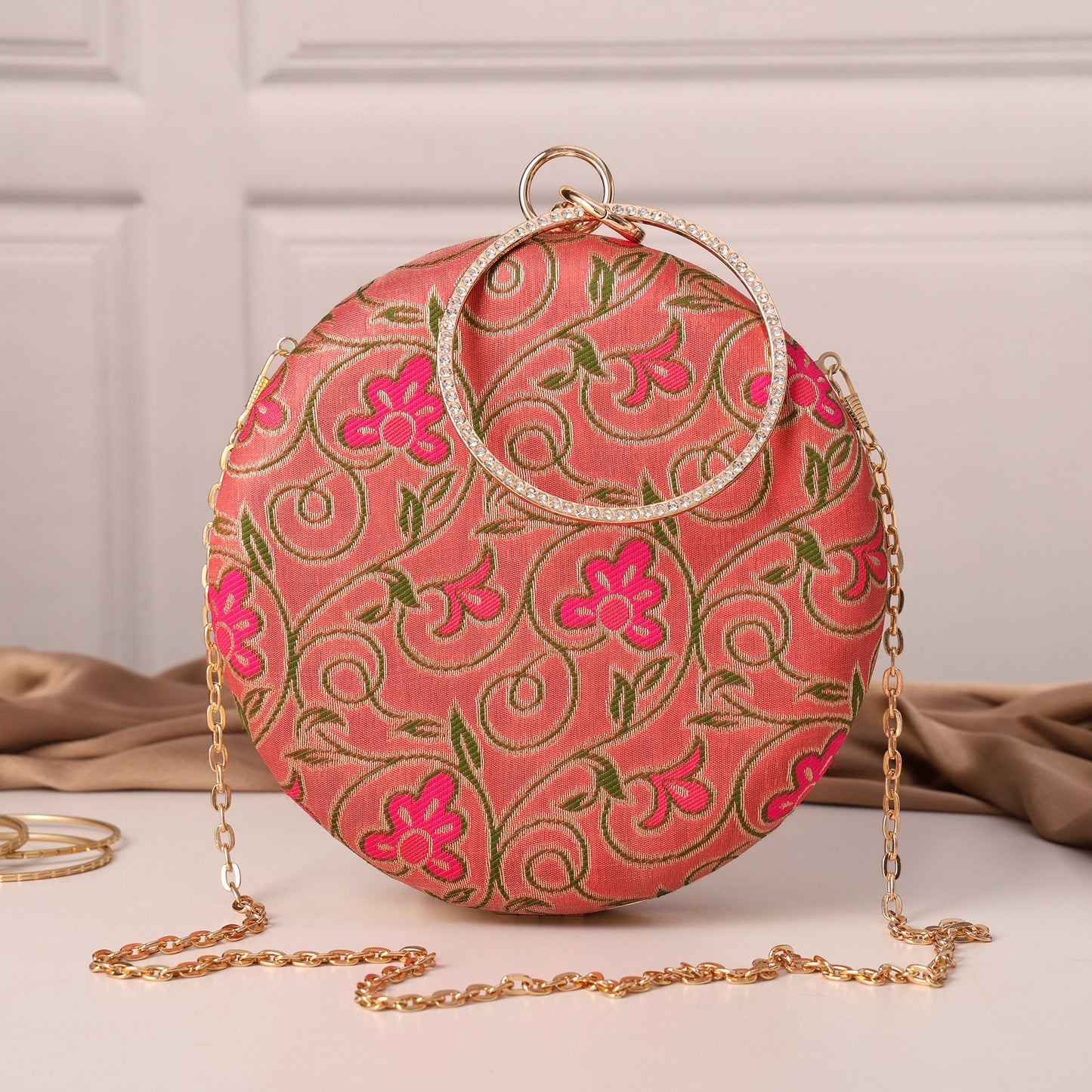 Phooldaan Elegant Round Clutch with Intricate Floral Embroidery & Crystal-Accented Handle