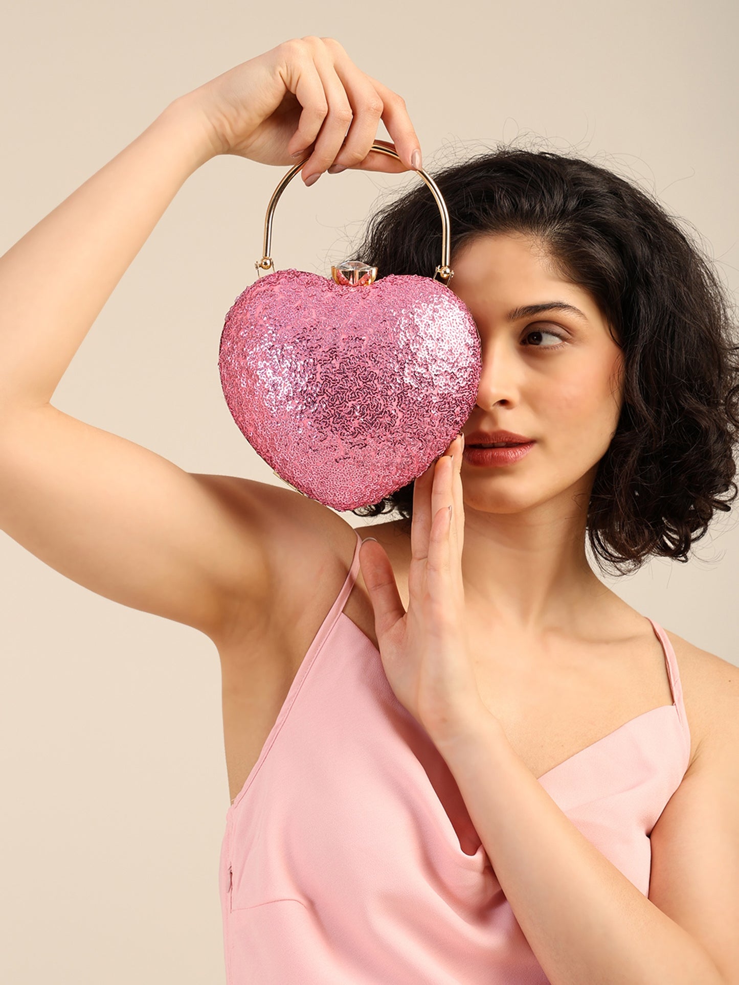 Pink Crush Heart-Shaped Statement Clutch with Dazzling Sequin Finish and Jewel Clasp