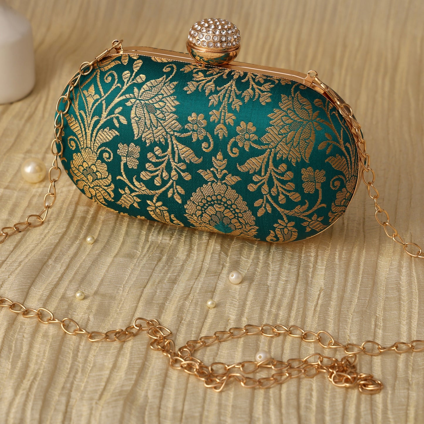 Heritage Royale Embellished Clutch with Ornate Floral Detailing and Crystal Studded Clasp