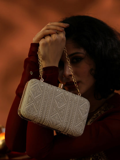 Regal Charm Embroidered Box Clutch with Geometric Detailing and Crystal Clasp