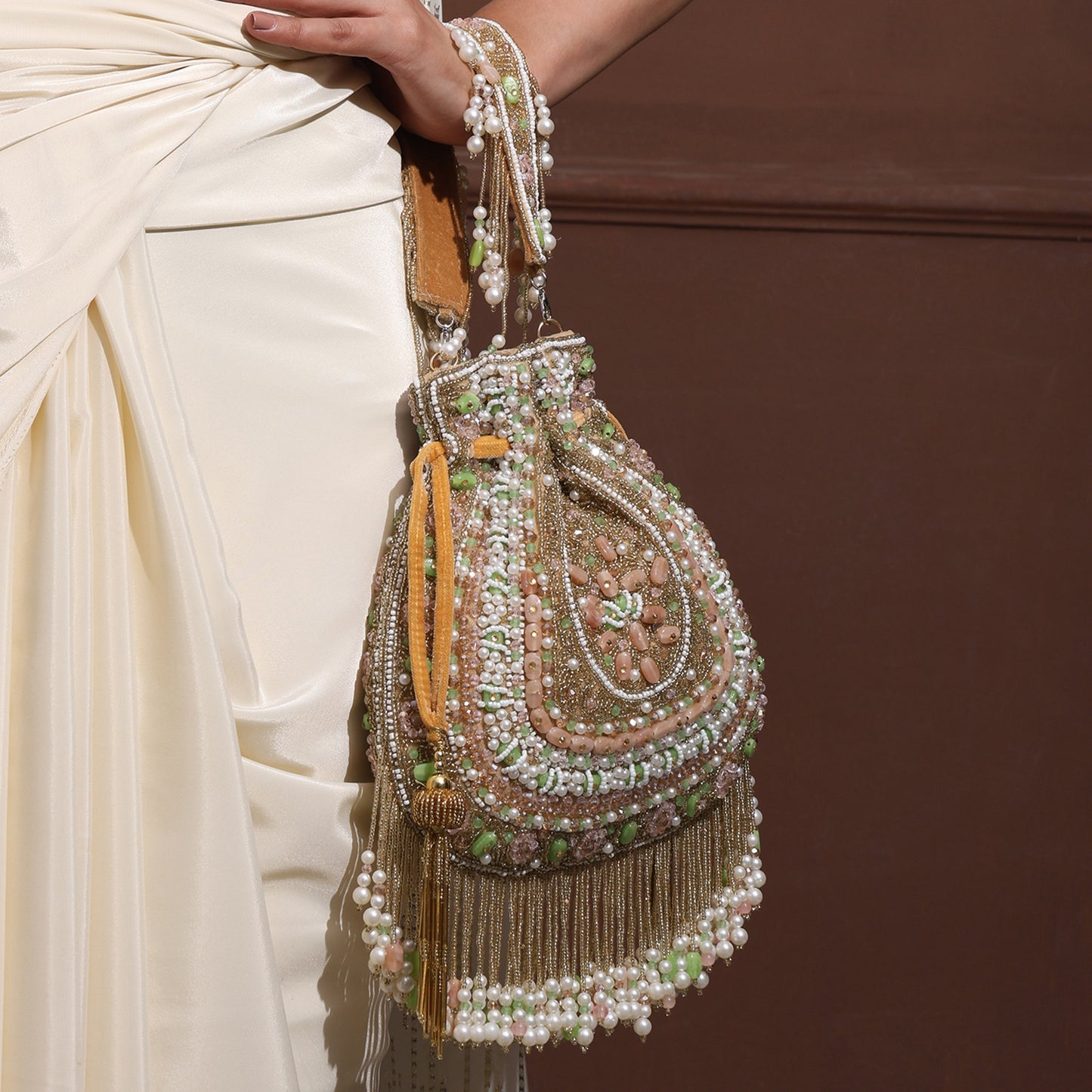 Noor-E-Pearl Potli Bag – Handcrafted Pastel Beaded Drawstring Clutch with Pearl Tassels | Wedding & Festive Purse for Women